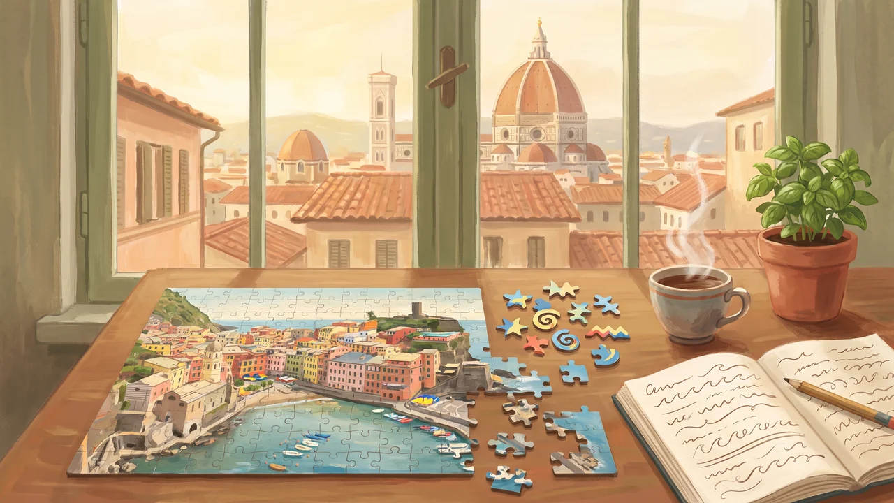 Una scrivania davanti a una finestra con vista sulla cupola di Firenze: un puzzle quasi finito e, accanto, alcuni pezzi dalle forme strane