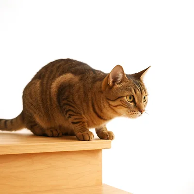 Un gatto accovacciato sul bordo di un gradino, pronto a saltare