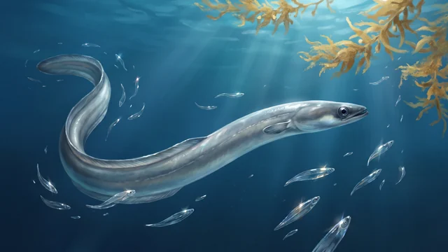Un’anguilla argentata nuota nel blu profondo dell’oceano tra tante piccole larve trasparenti