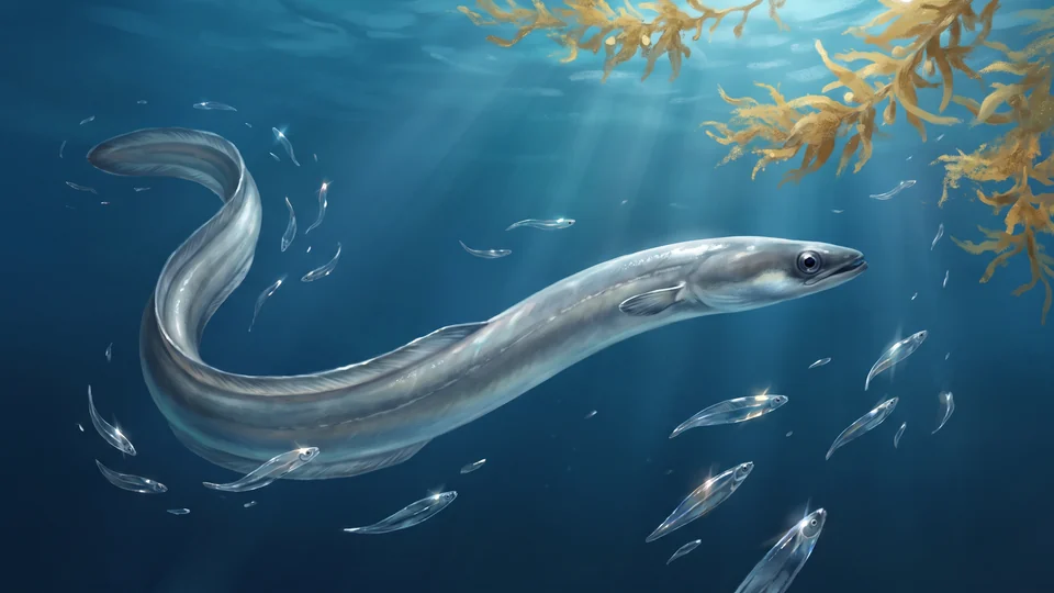 Un’anguilla argentata nuota nel blu profondo dell’oceano tra tante piccole larve trasparenti