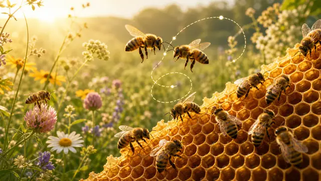 Api su un favo in un prato con una traccia di danza nell aria