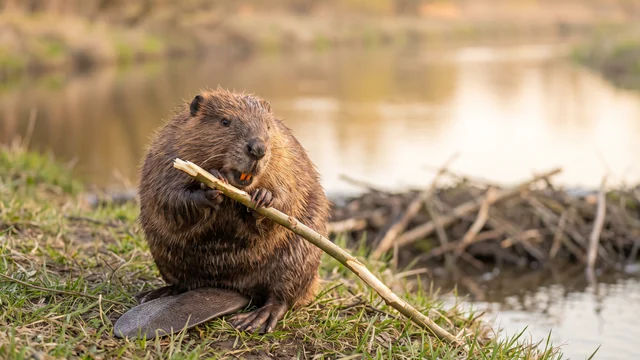 Un castoro bruno seduto sulla riva di un fiume rosicchia un ramo, con i denti arancioni ben visibili