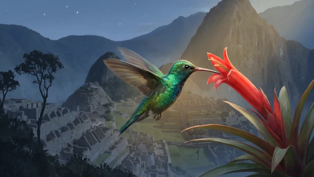 Un piccolo colibrì verde e brillante vola fermo davanti a un fiore rosso, con le ali velocissime