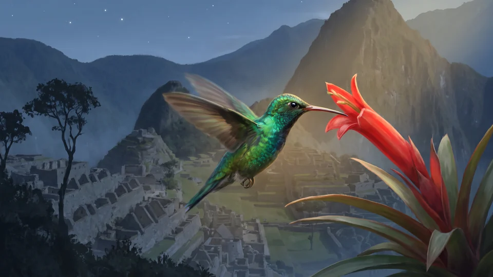 Un piccolo colibrì verde e brillante vola fermo davanti a un fiore rosso, con le ali velocissime