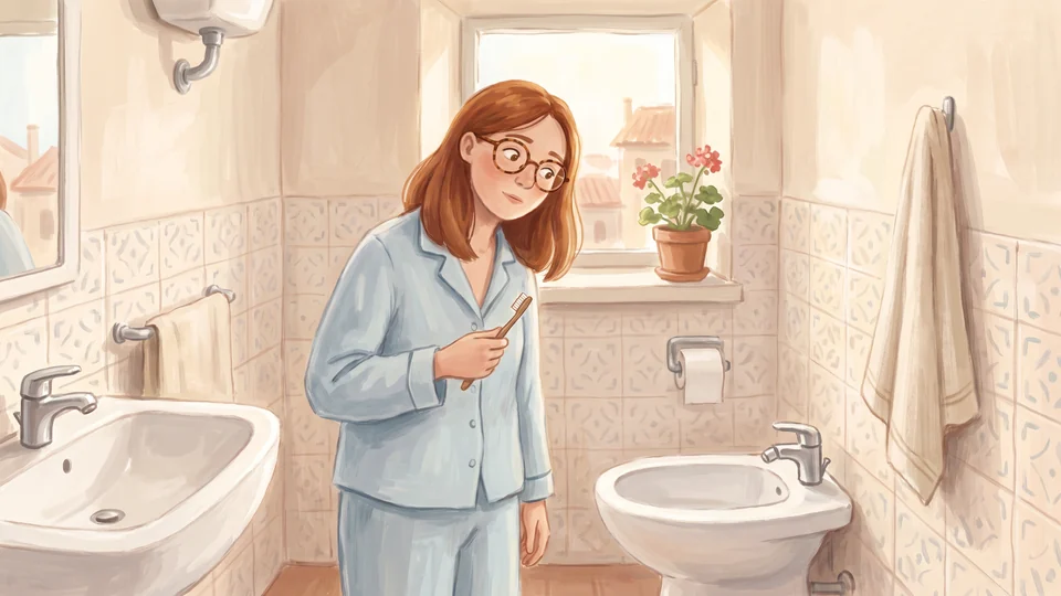 Emma in pigiama nel bagno di casa guarda curiosa il bidet accanto al lavandino