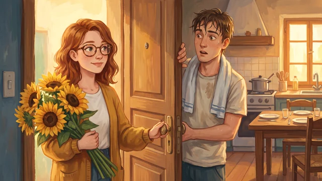 Emma con un mazzo di girasoli alla porta di un appartamento italiano, la sera