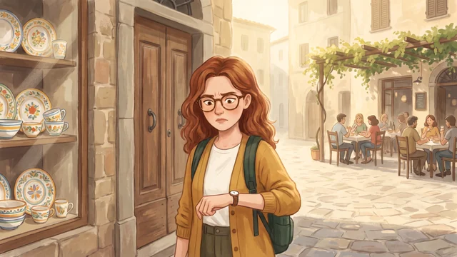 Emma davanti alla vetrina chiusa di un negozio di ceramiche in una piazza della Toscana