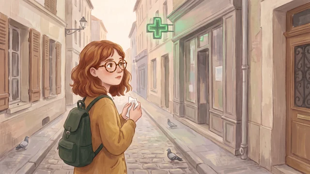 Emma con la sciarpa davanti a una farmacia con la croce verde accesa