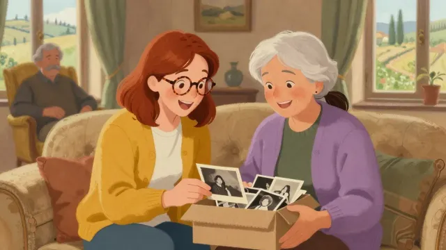 Emma sul divano guarda ridendo con la nonna una scatola di vecchie foto in bianco e nero; dietro, il nonno in poltrona