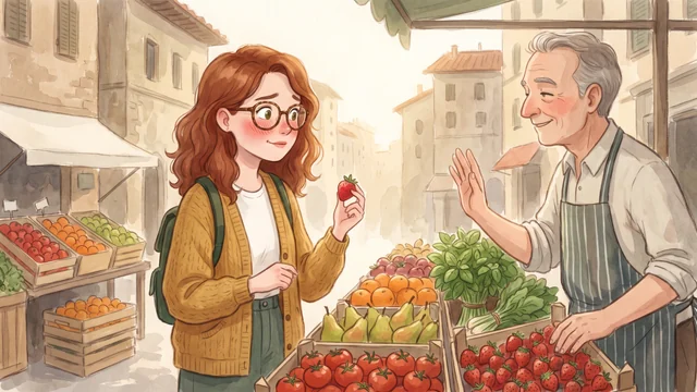 Emma davanti a un banco di frutta e verdura in un mercato di Firenze