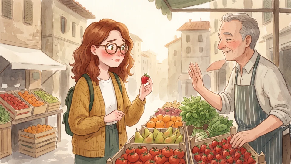 Emma davanti a un banco di frutta e verdura in un mercato di Firenze