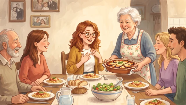 Emma a tavola con una famiglia italiana e una nonna sorridente, davanti a un piatto di tagliatelle al pomodoro