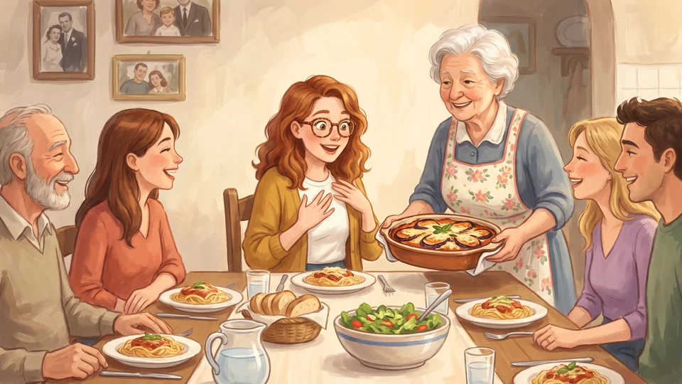 Emma a tavola con una famiglia italiana e una nonna sorridente, davanti a un piatto di tagliatelle al pomodoro