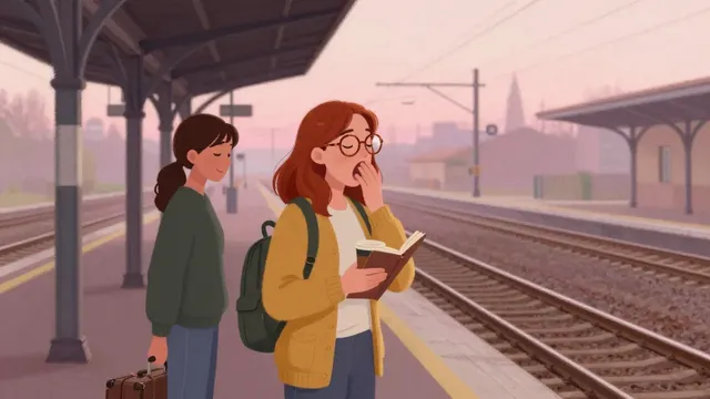 Emma e Chiara sul binario di una stazione all’alba, con un caffè in mano, aspettano il treno