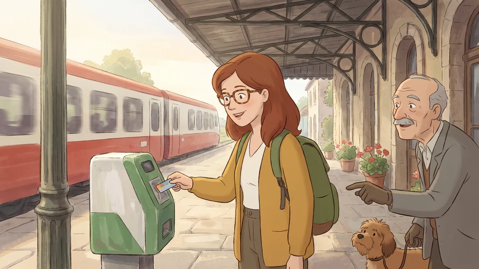 Emma timbra il biglietto del treno in una stazione italiana, vicino al binario