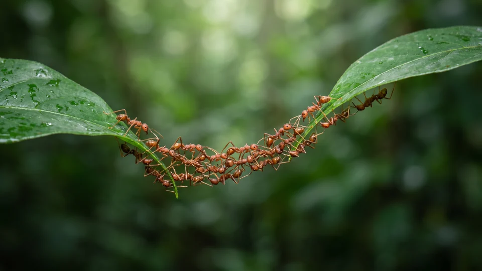 Un ponte di formiche rossicce aggrappate l’una all’altra, sospeso fra due foglie verdi nella foresta