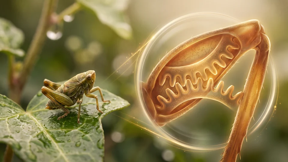 Un petit insecte sur une feuille et, agrandie, la paire d’engrenages dentés à la base des pattes arrière