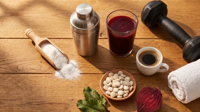 Un misurino di polvere bianca, uno shaker, un bicchiere di succo di barbabietola, una tazzina di caffè e un manubrio su un tavolo di legno