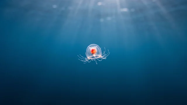 Una piccola medusa trasparente con lo stomaco rosso al centro galleggia nell’acqua blu del mare