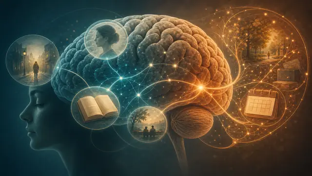 Un cervello con connessioni luminose e immagini di ricordi