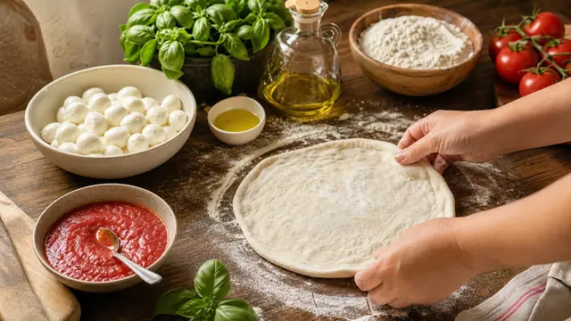 Ingredienti per preparare una pizza su un tavolo di cucina