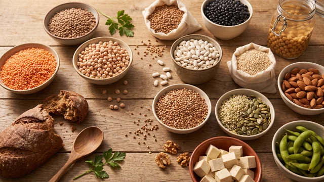 Ciotole di lenticchie, ceci, fagioli, quinoa, mandorle e cubetti di tofu su un tavolo di legno