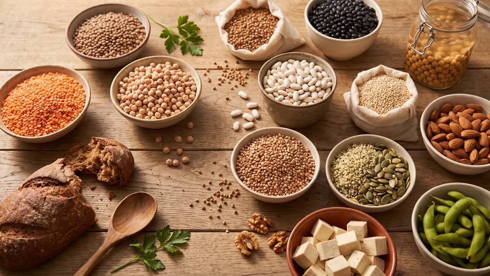 Ciotole di lenticchie, ceci, fagioli, quinoa, mandorle e cubetti di tofu su un tavolo di legno