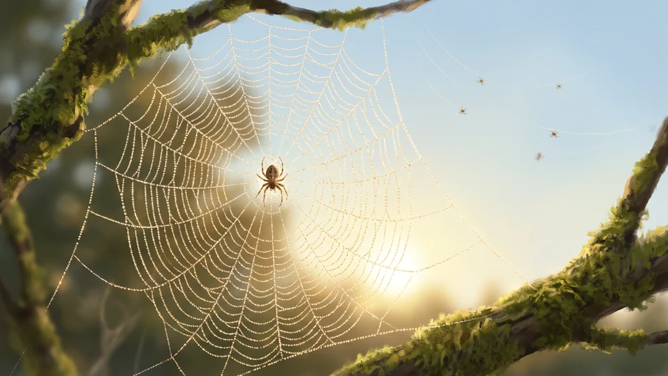 Una tela di ragno piena di gocce di rugiada nella luce del mattino, con un piccolo ragno al centro