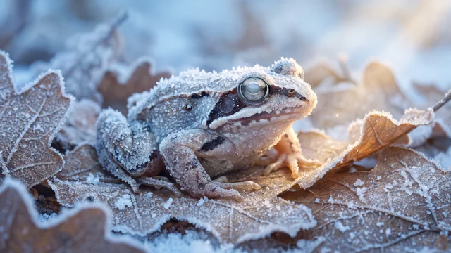 Una piccola rana marrone coperta di brina, ferma tra foglie secche ghiacciate nel bosco d’inverno