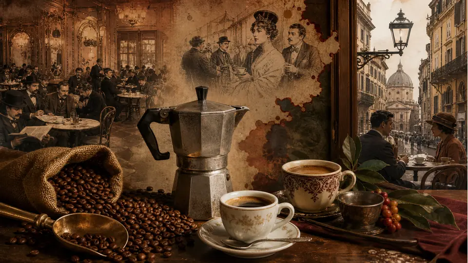 Moka, tazzine e caff&egrave; in un ambiente storico italiano