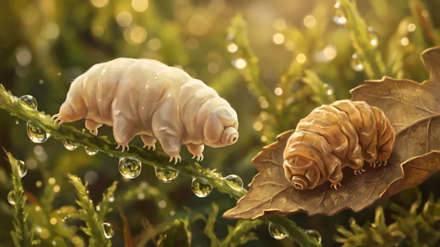 Un tardigrado, l’orsetto d’acqua, cammina su un filo di muschio verde
