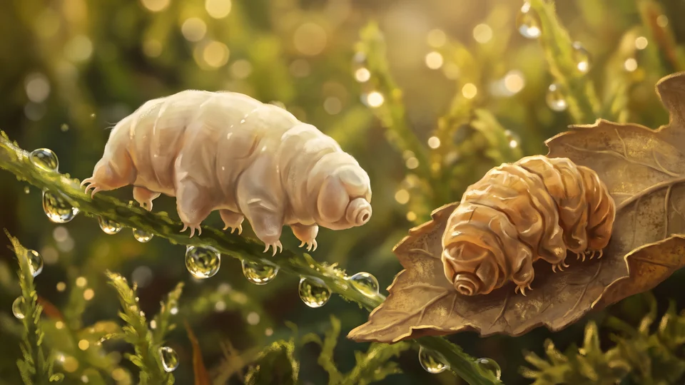 Un tardigrado, l’orsetto d’acqua, cammina su un filo di muschio verde