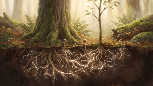 Radici di alberi collegate da sottili fili bianchi di funghi sotto il terreno di un bosco