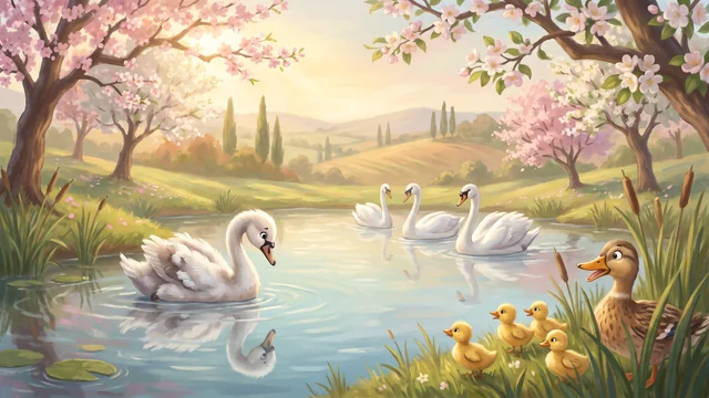 Un giovane cigno bianco guarda il suo riflesso in un laghetto, mentre tre cigni nuotano verso di lui
