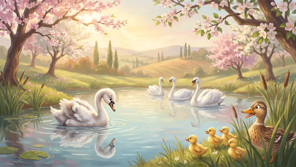 Un giovane cigno bianco guarda il suo riflesso in un laghetto, mentre tre cigni nuotano verso di lui