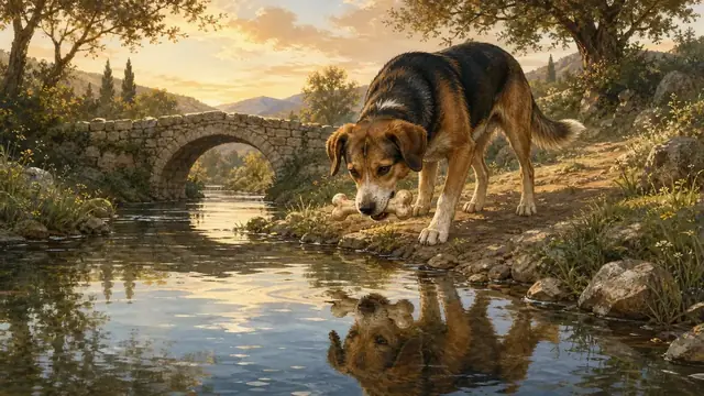 Un cane con un osso vicino a un fiume