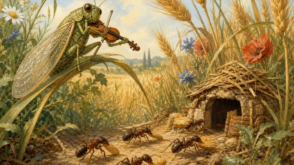 Una cicala canta mentre alcune formiche raccolgono cibo