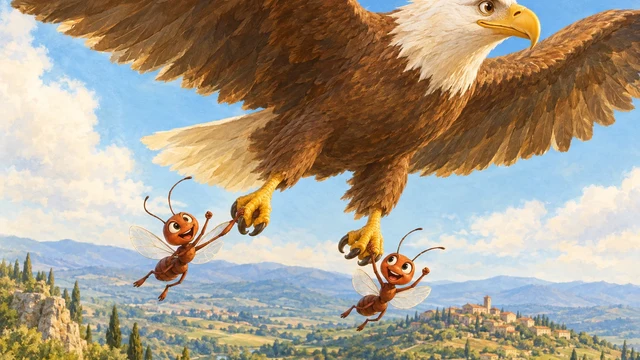 Un’aquila vola nel cielo e porta con sé due formiche felici