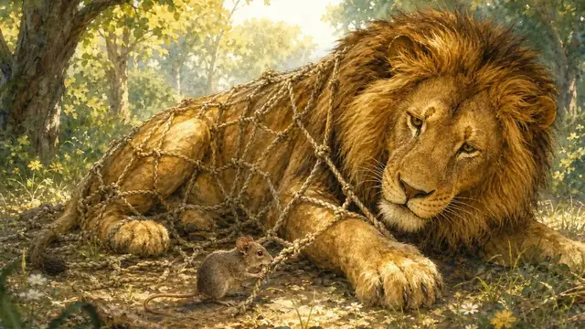 Un piccolo topo libera un leone da una rete