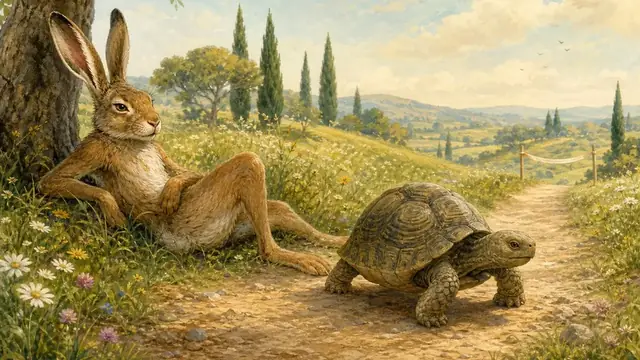 Una lepre corre mentre una tartaruga avanza