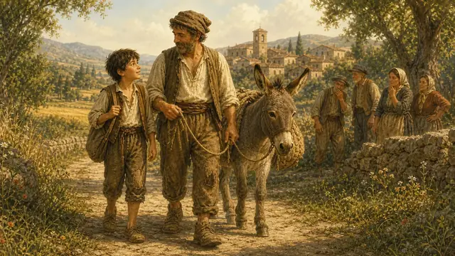 Un mugnaio e suo figlio camminano con un asino mentre alcune persone li osservano lungo una strada di campagna