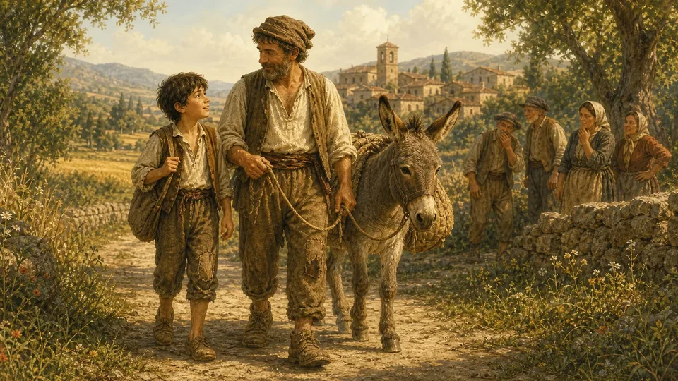 Un mugnaio e suo figlio camminano con un asino mentre alcune persone li osservano lungo una strada di campagna