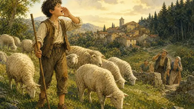 Un pastorello grida vicino alle pecore su una collina