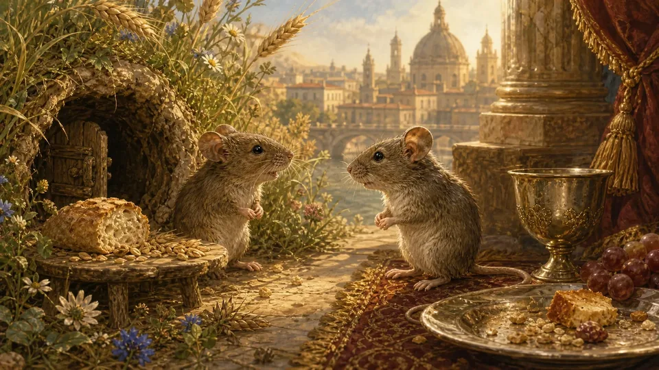 Un topo di campagna e un topo di città si incontrano tra pane, spighe e una tavola elegante