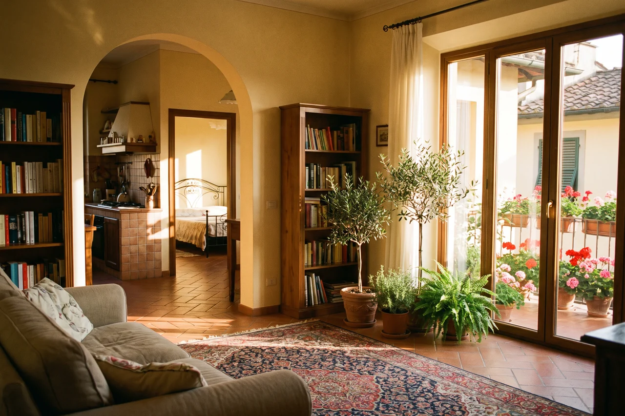 Un appartamento italiano luminoso: il soggiorno con il divano, il tappeto e la libreria, la cucina e la camera da letto sullo sfondo, il balcone con i gerani