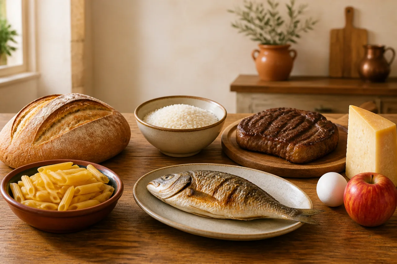Cibo illustrato con pane, pasta, riso, pesce e formaggio