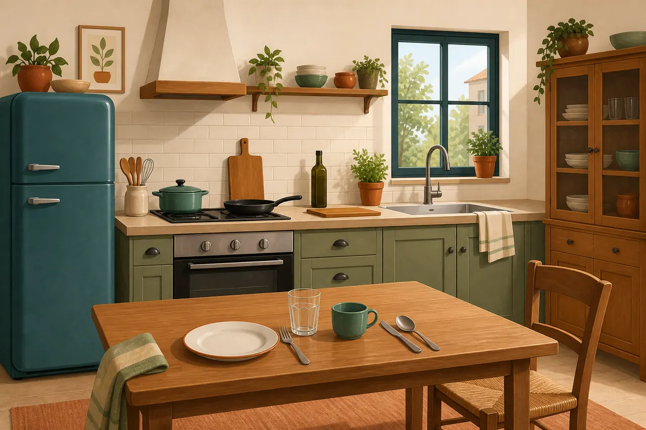 Una cucina illustrata con mobili e utensili