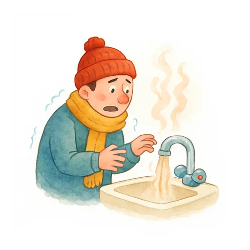 Ein frierender Mann mit Wollmütze dreht den Hahn mit dem roten Punkt auf und bekommt dampfend heißes Wasser