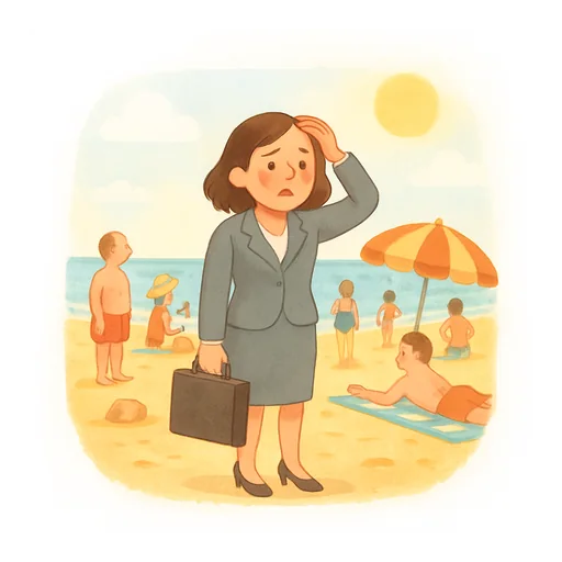 Eine Frau im grauen Kostüm mit Aktentasche steht an einem Strand voller Menschen in Badesachen