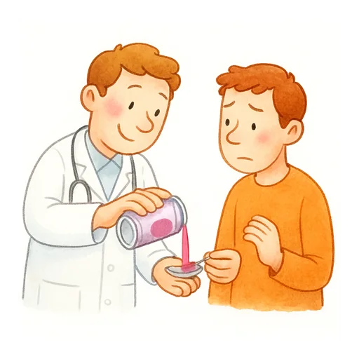 Ein Arzt gießt eine Dosis rosa Medizin aus einer Getränkedose auf einen Löffel